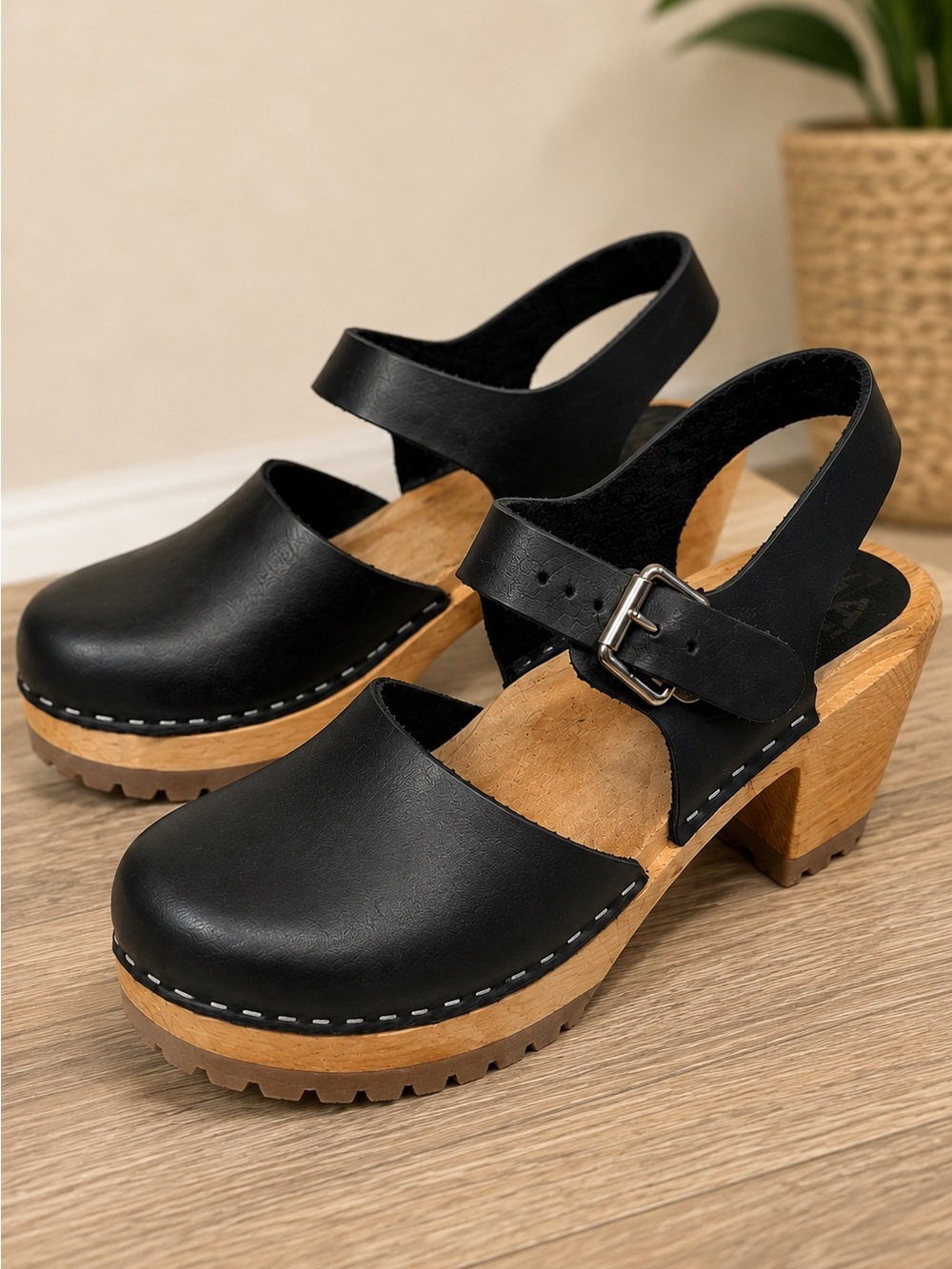 MIA Abba Swedish Clogs Size 38 Black Leather Wood Heel Slingback Platform